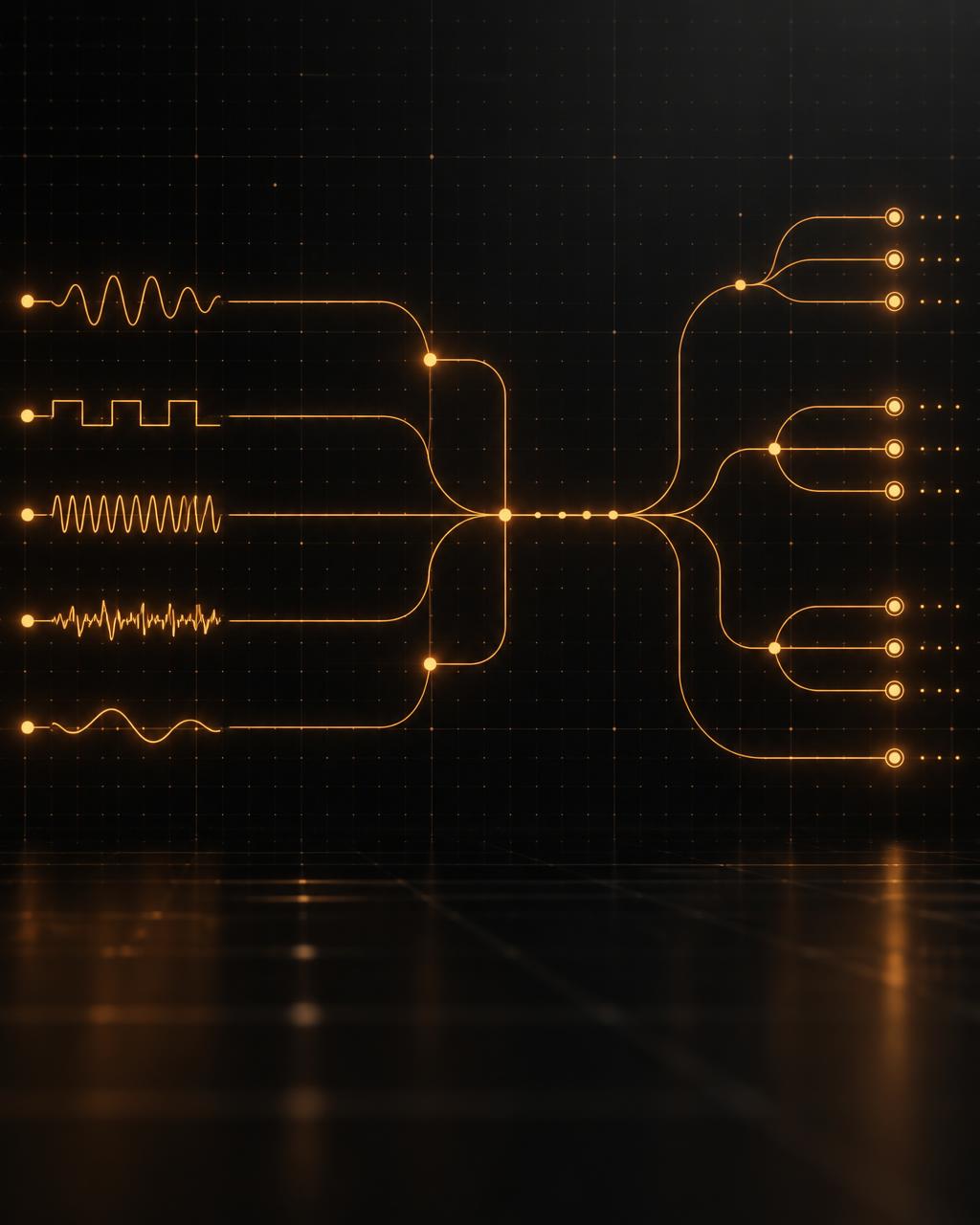 Abstract diagram of amber signal lines branching across a dark technical grid, representing an audio and video signal chain