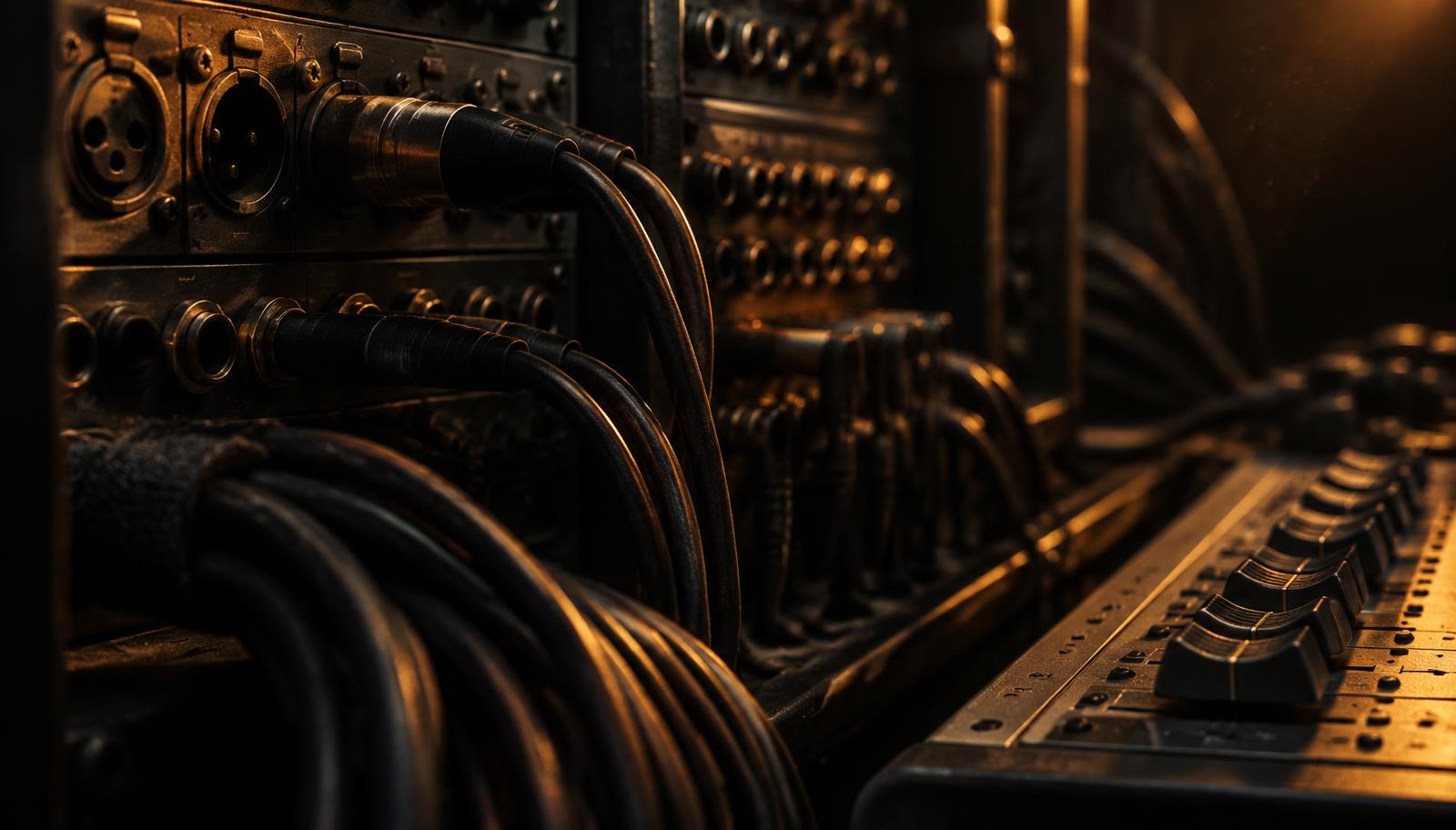 Close-up of connectors, cables and mixer faders on installed audio equipment, lit by a single warm light in a dark room